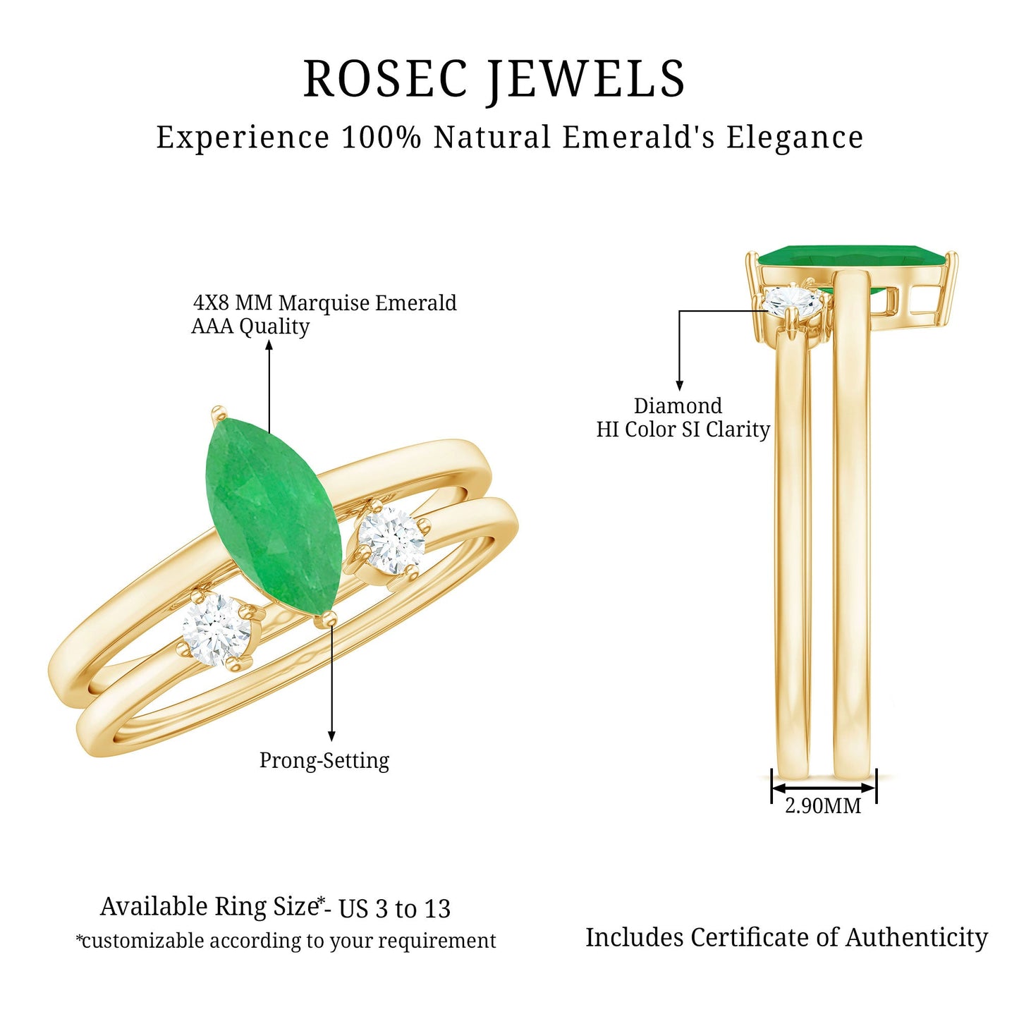 Natural 0.8 Carat Marquise Emerald Diamond Promise Ring Set of 2