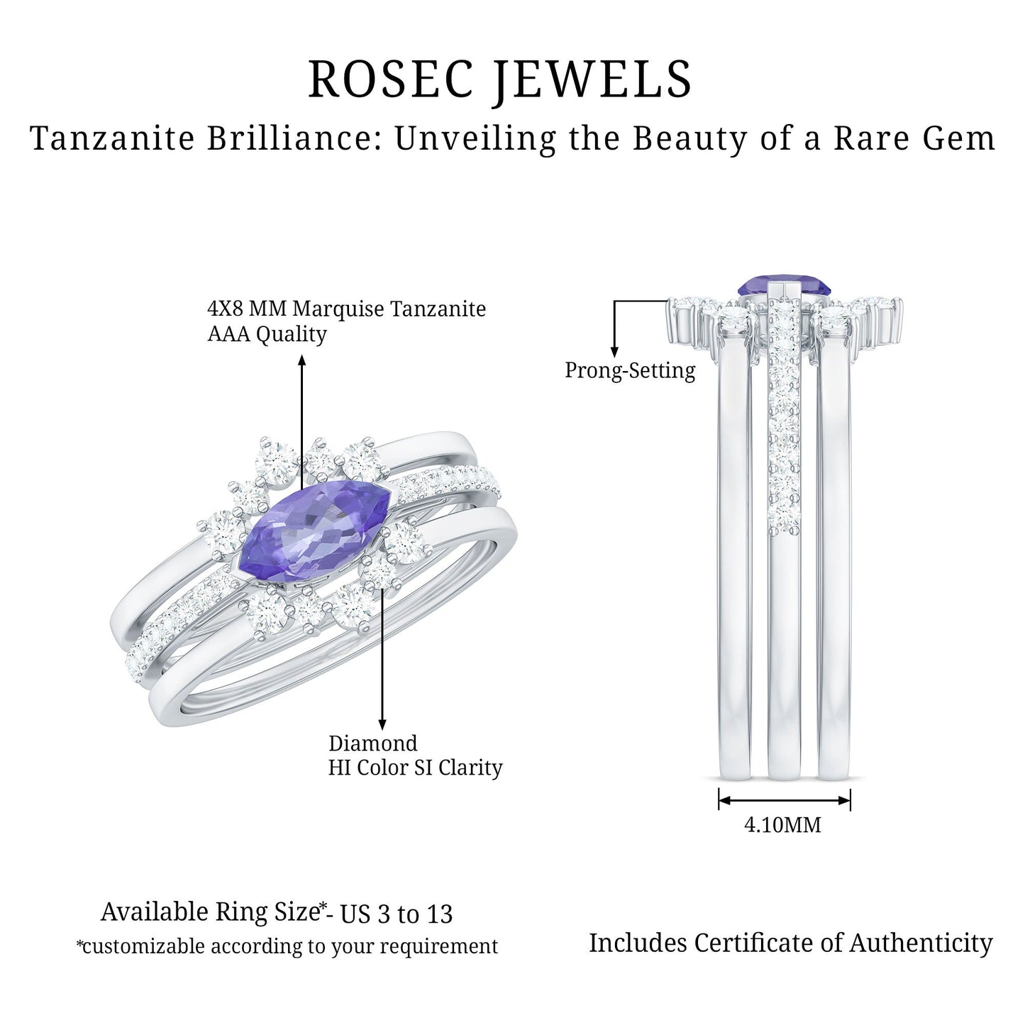 Certified 0.6 Carat Real Marquise Tanzanite 3 Piece Wedding Ring Set with Diamond