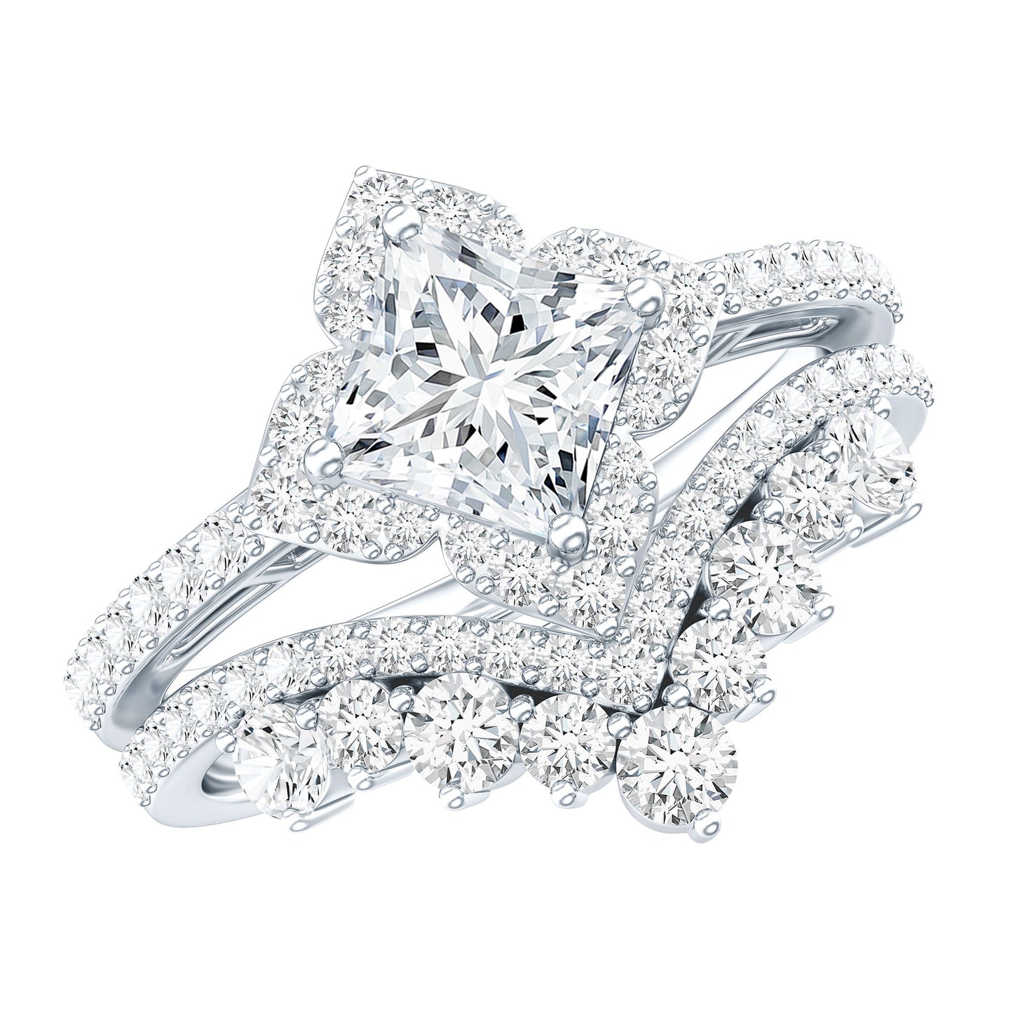 Certified Princess Cut Cubic Zirconia Flower Engagement Ring with Wedding Band