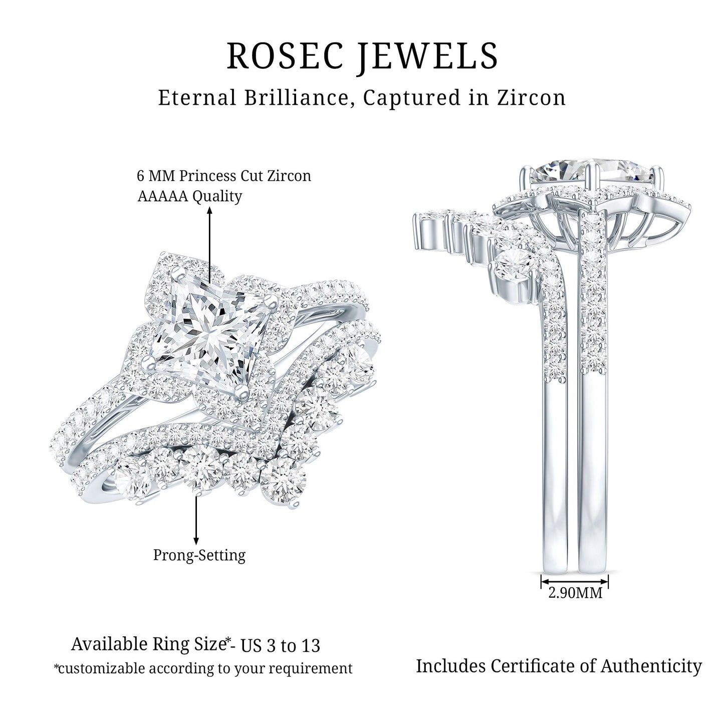 Certified Princess Cut Cubic Zirconia Flower Engagement Ring with Wedding Band