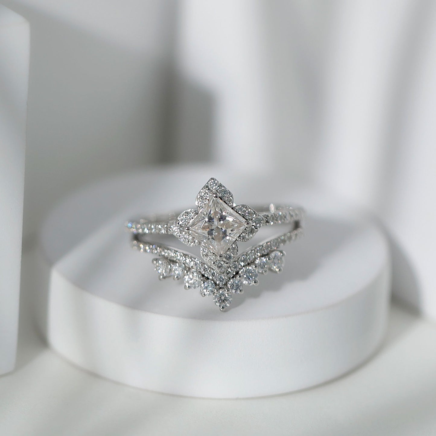 Certified Princess Cut Cubic Zirconia Flower Engagement Ring with Wedding Band