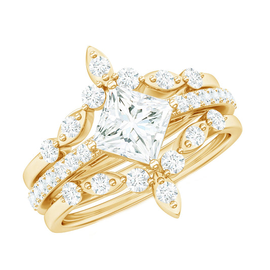 Classic Trio Bridal Ring Set with Princess and Round Cut Moissanites