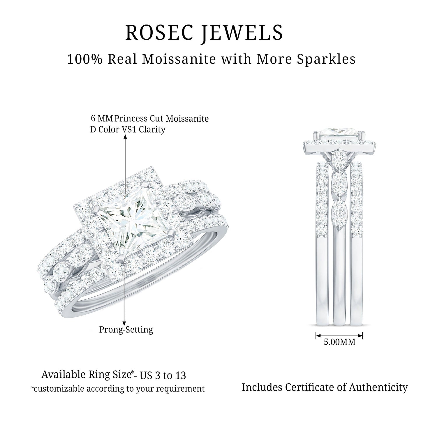 Princess Cut Moissanite Halo Engagement Ring with Wedding Bands