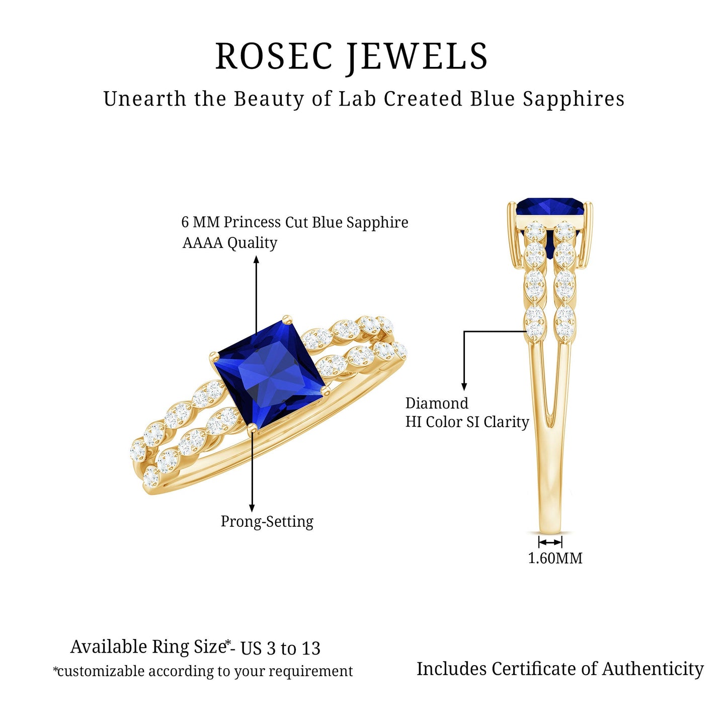 Certified 1.5 Carat Princess Cut Lab Grown Blue Sapphire Double Band Engagement Ring with Diamond