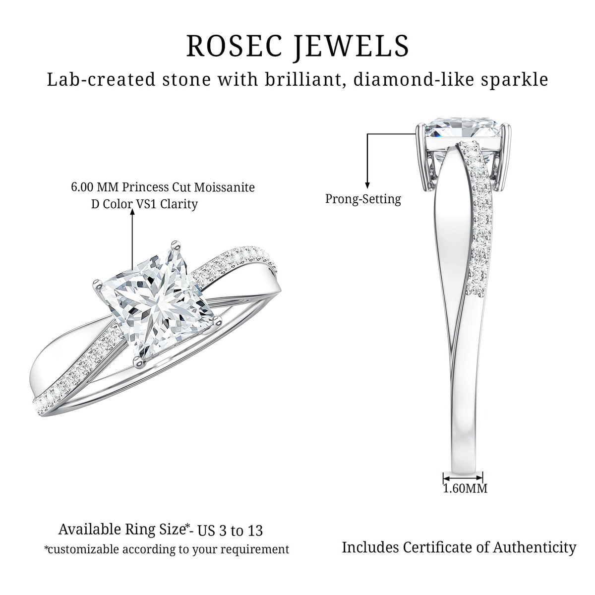Solitaire Moissanite Princess Cut Engagement Ring
