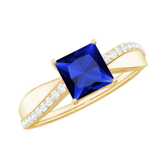 Certified 1.5 Carat Lab Grown Blue Sapphire Princess Cut Engagement Ring with Diamond