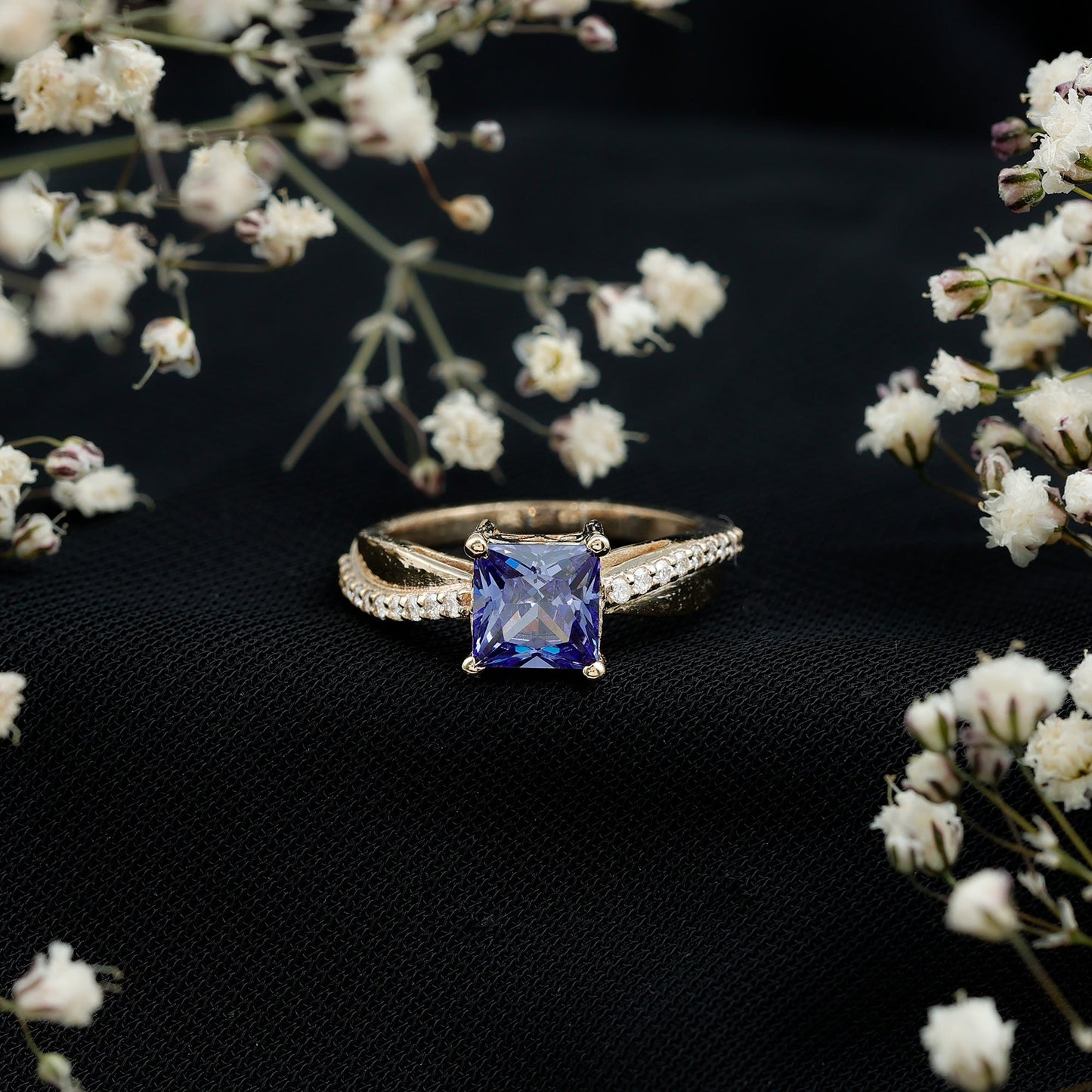 Certified 1.5 Carat Lab Grown Blue Sapphire Princess Cut Engagement Ring with Diamond