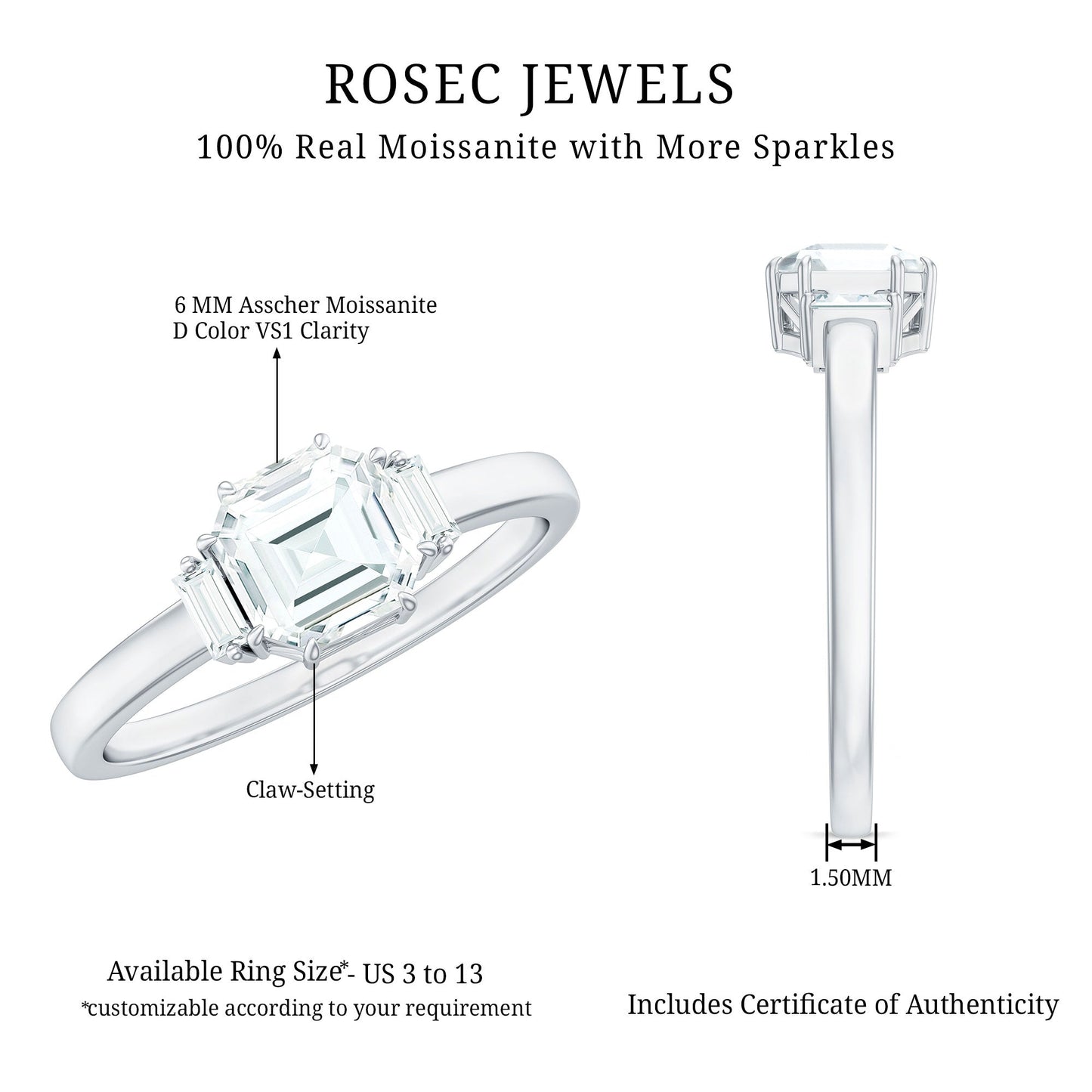 Asscher Cut Moissanite Engagement Ring with Certificate