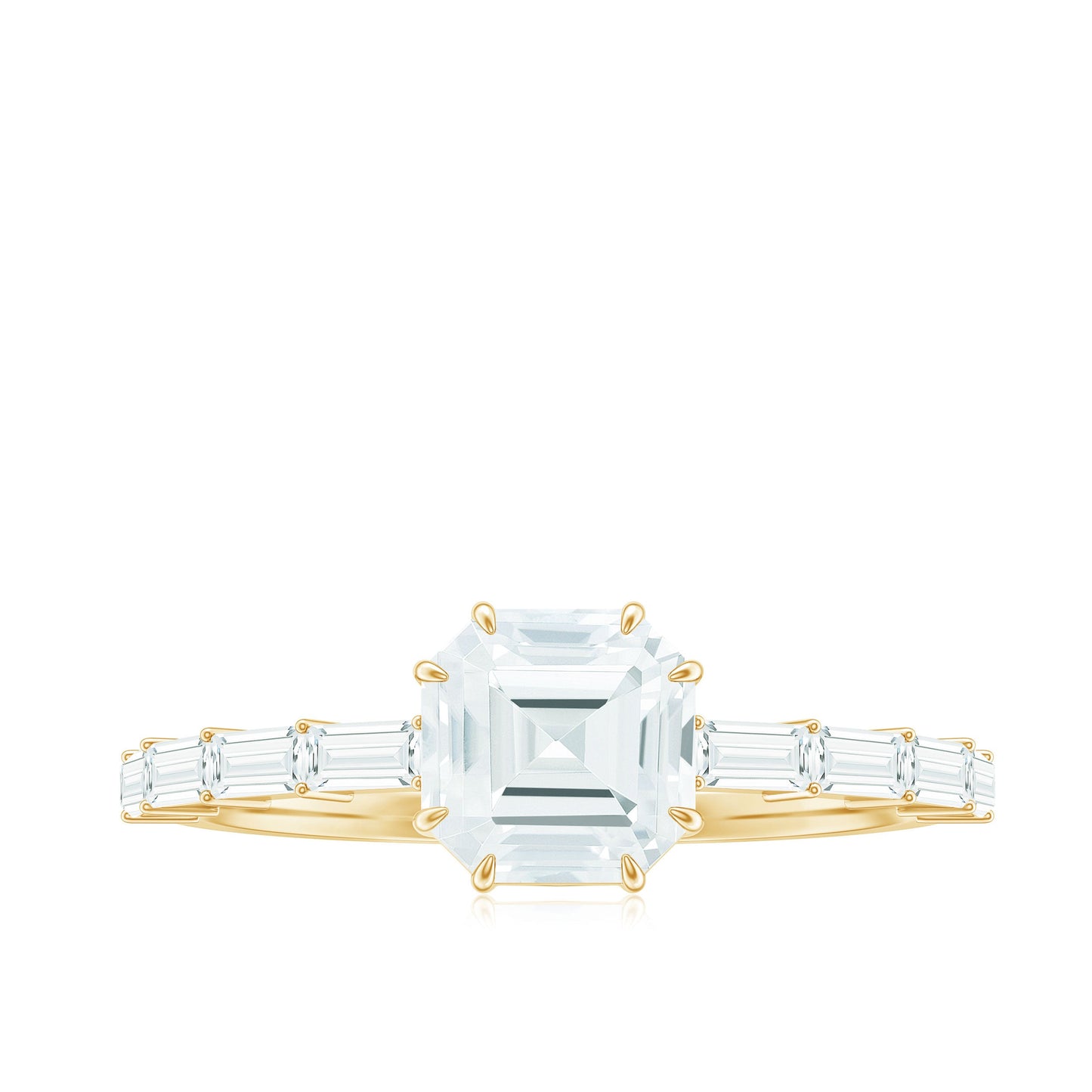 Asscher Cut Moissanite Engagement Ring with Baguette Side Stones