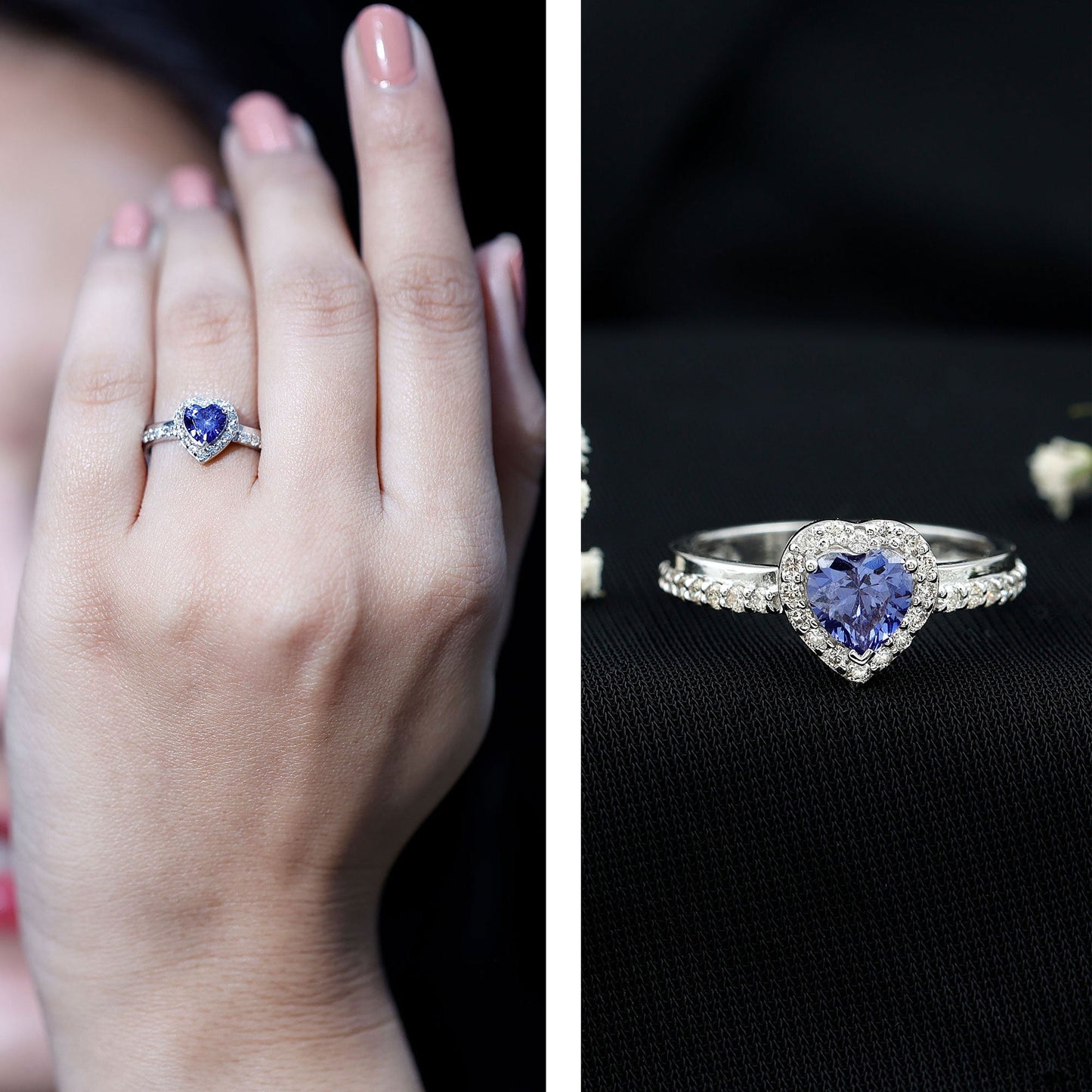 Certified 0.9 Carat Lab Grown Blue Sapphire Heart Engagement Ring with Diamond Halo