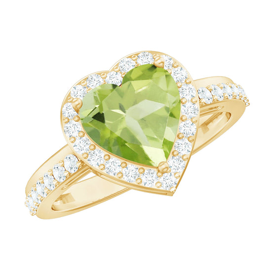 Natural 2 Carat Peridot Heart Engagement Ring with Diamond Halo