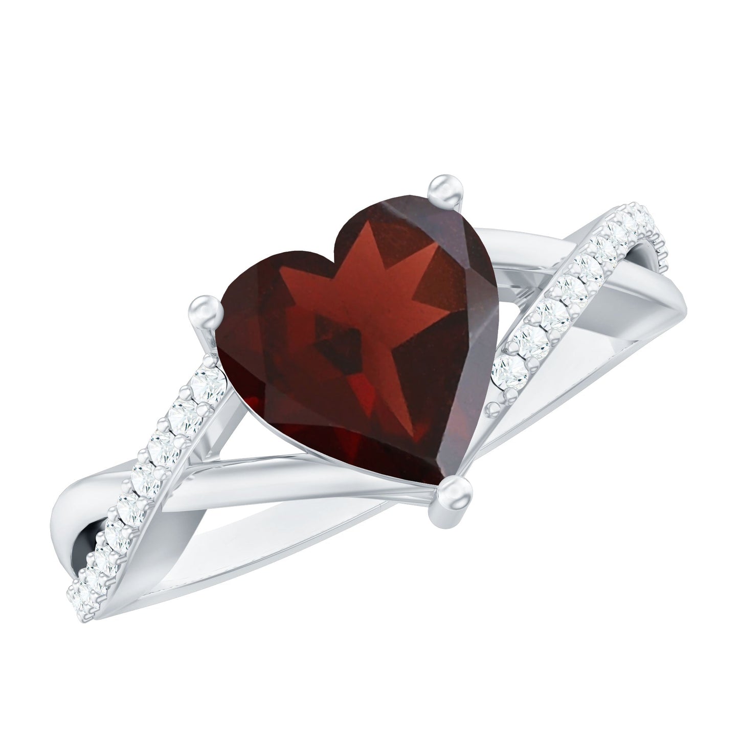 Natural Garnet Heart Shaped Engagement Ring with Diamond Crossover Shank
