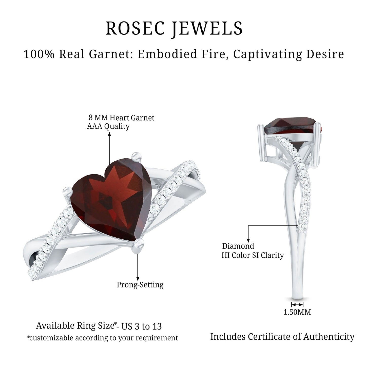 Natural Garnet Heart Shaped Engagement Ring with Diamond Crossover Shank