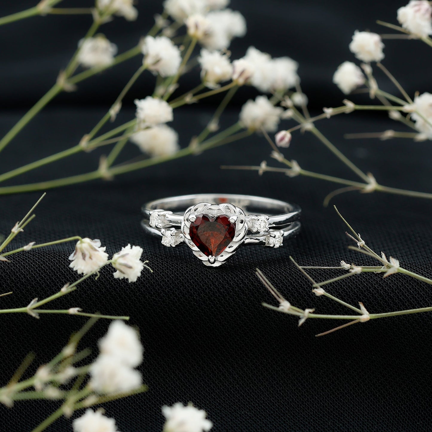 Natural Heart Shaped Garnet Diamond Double Band Engagement Ring
