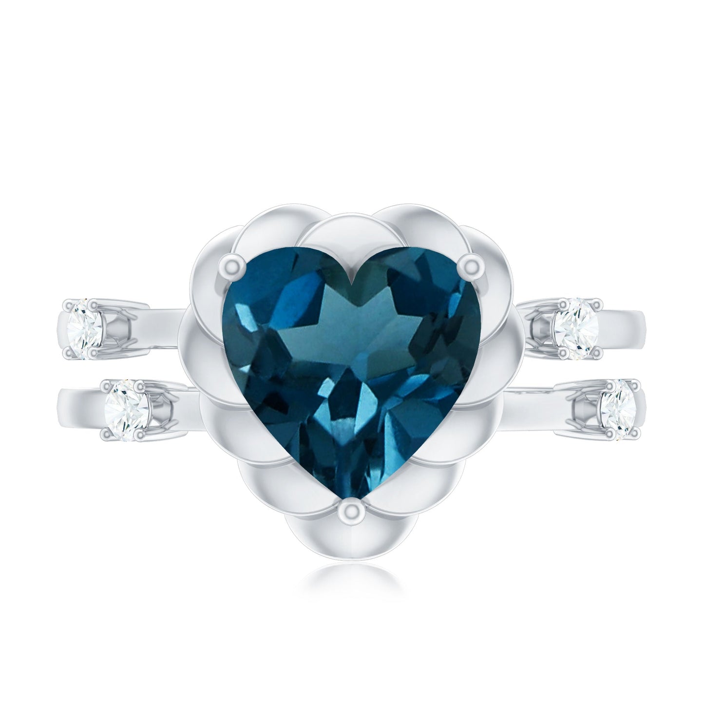 2 Carat Heart Shape London Blue Topaz Double Band Ring with Diamond