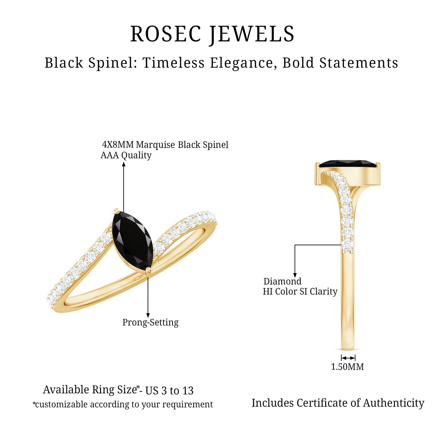 Real Marquise Black Spinel Promise Ring with Diamond Bypass Shank