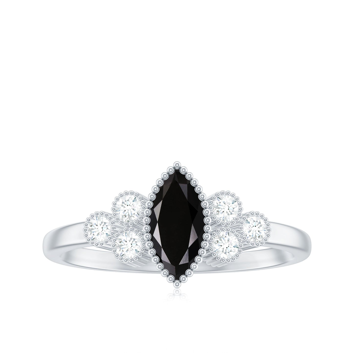 Natural Marquise Black Spinel Engagement Ring with Diamond Trio