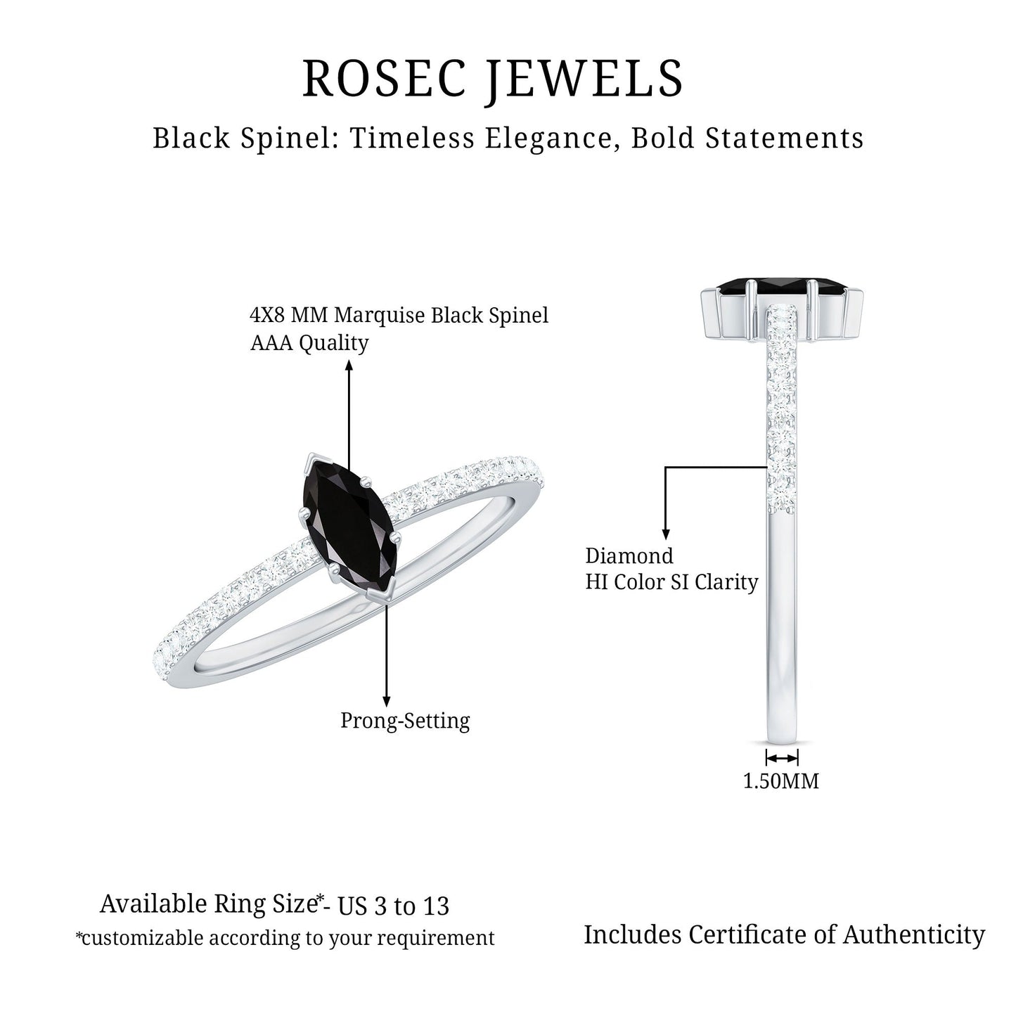 Marquise Black Spinel Diamond Promise Ring for Proposal