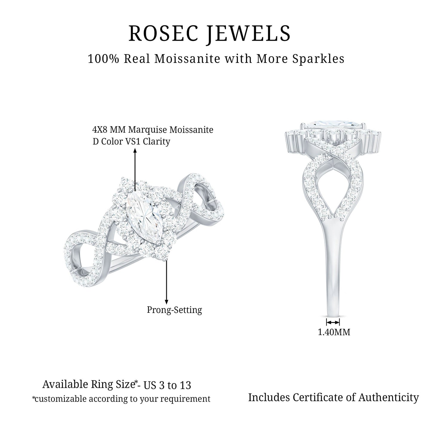 Marquise Moissanite Criss Cross Engagement Ring with Halo