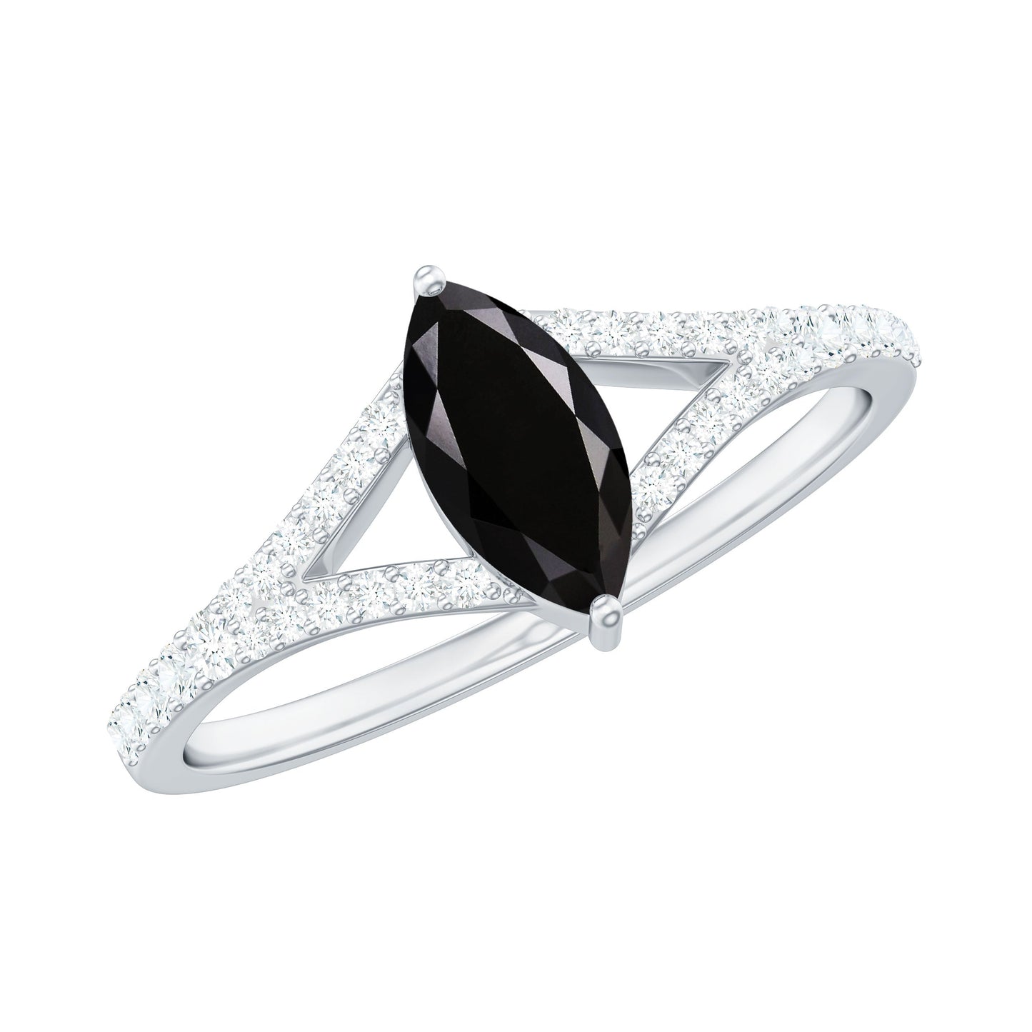 0.7 Carat Marquise Cut Black Onyx Engagement Ring with Diamond Split Shank