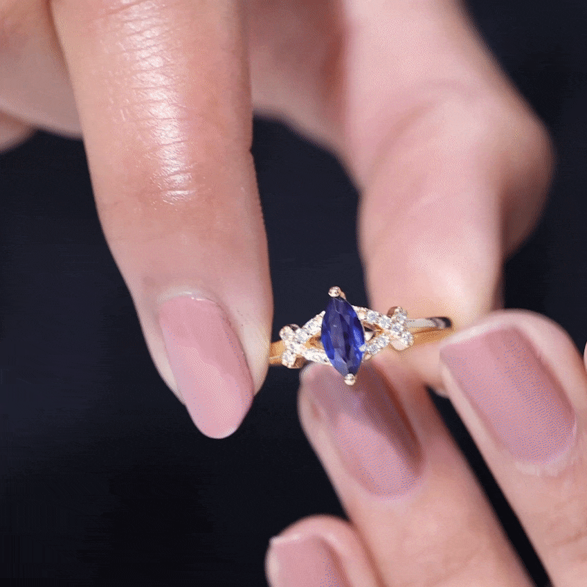 Certified 0.75 Carat Lab Grown Blue Sapphire Marquise Engagement Ring with Diamond