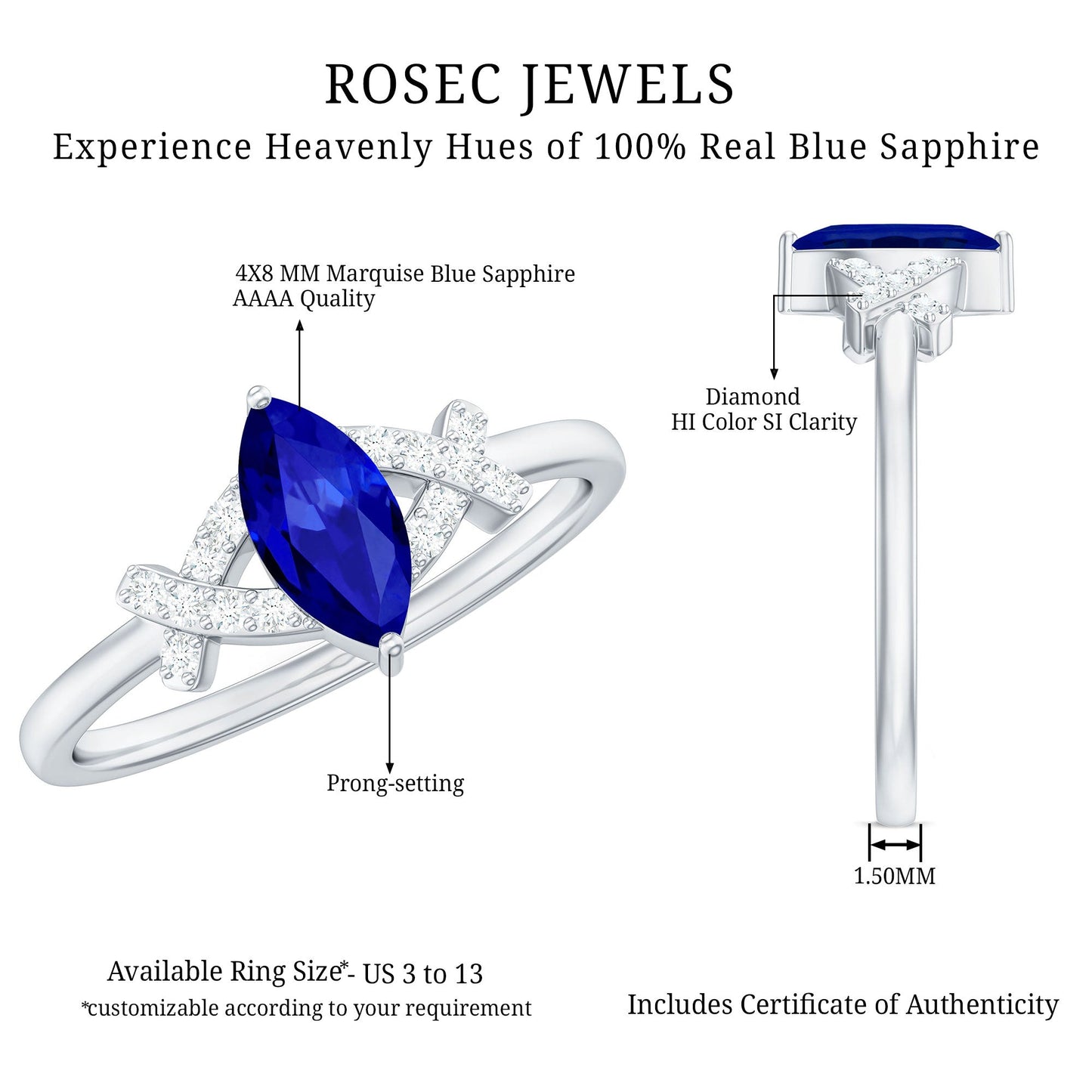 Certified 0.75 Carat Lab Grown Blue Sapphire Marquise Engagement Ring with Diamond