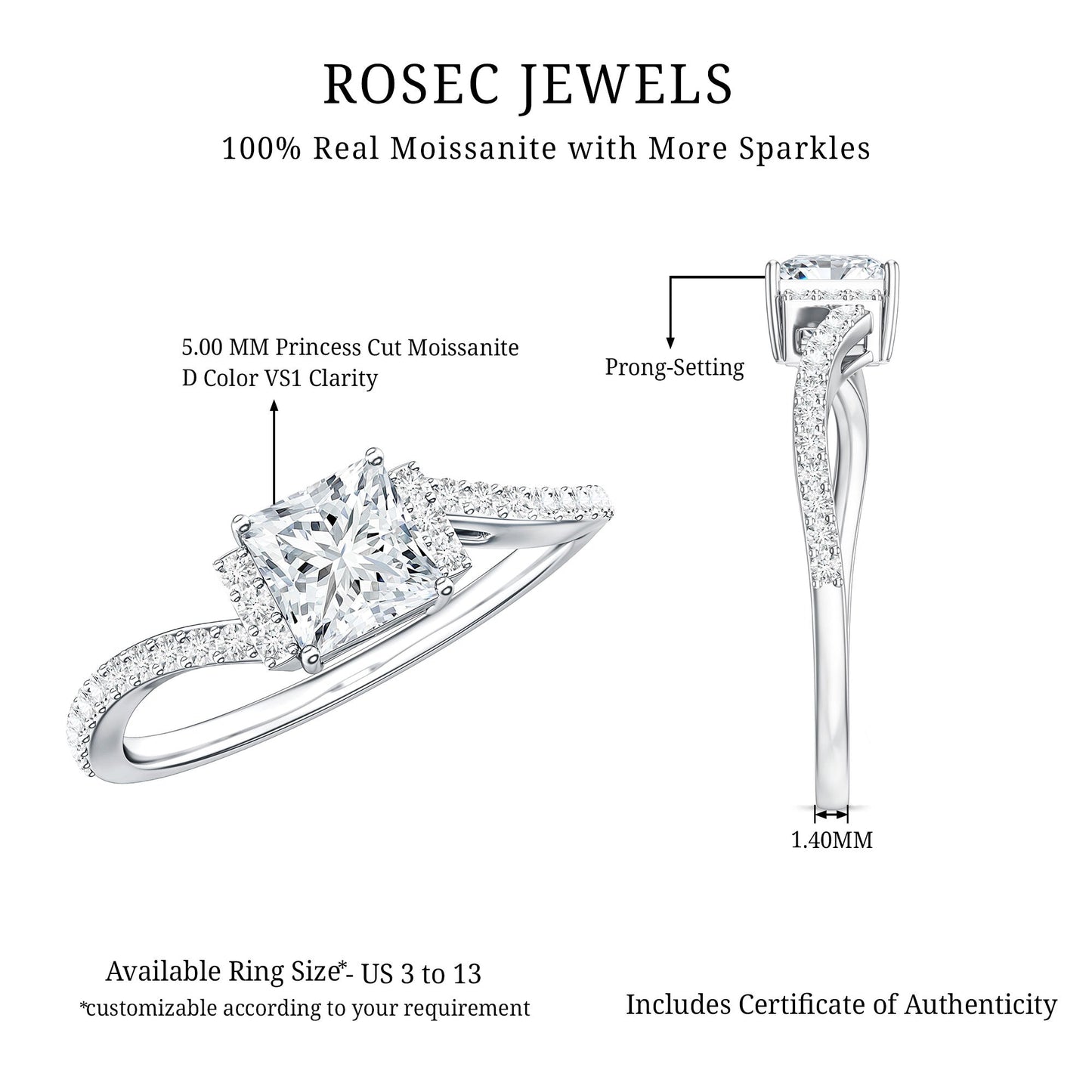 Princess Cut Moissanite Bypass Engagement Ring for Women