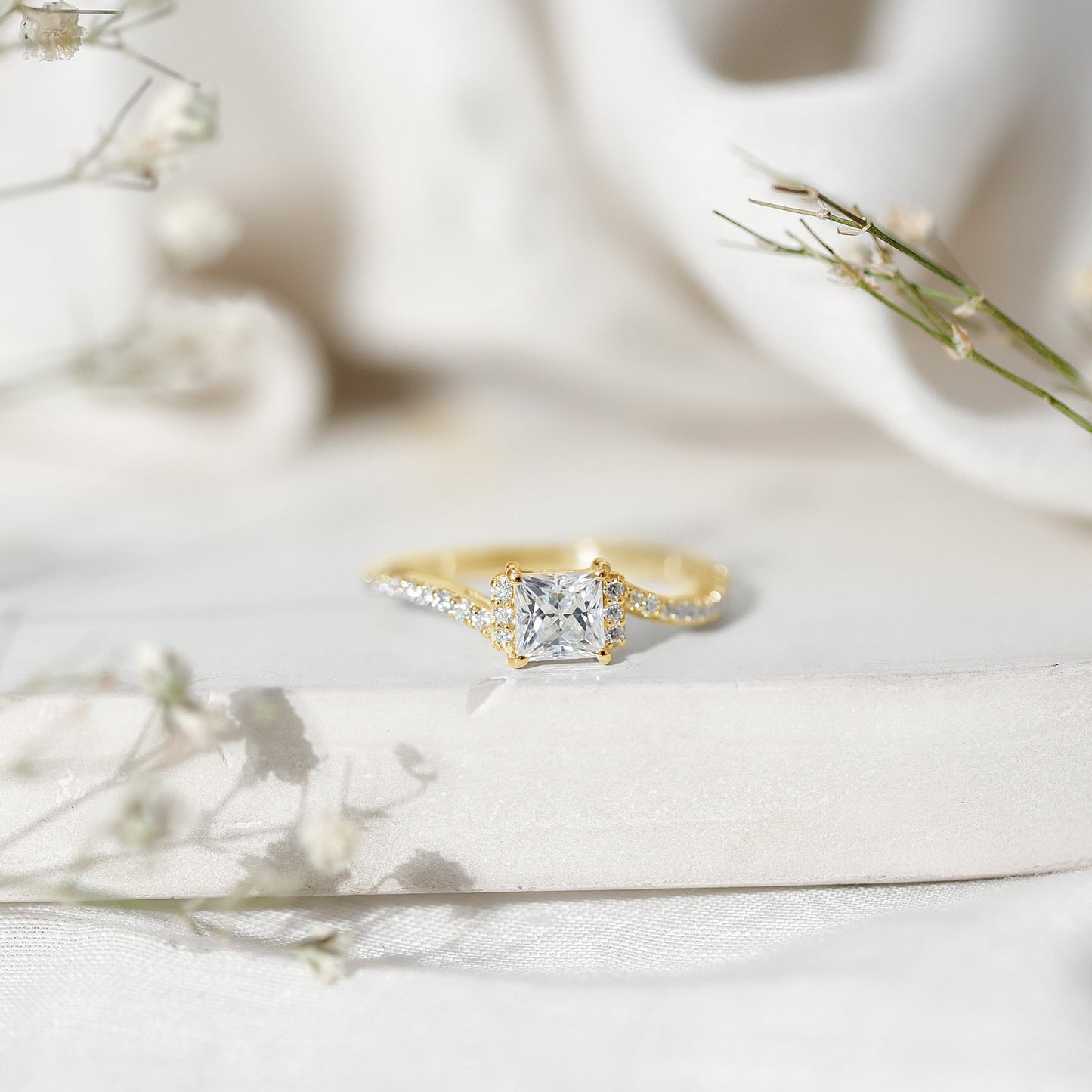 Princess Cut Moissanite Bypass Engagement Ring for Women