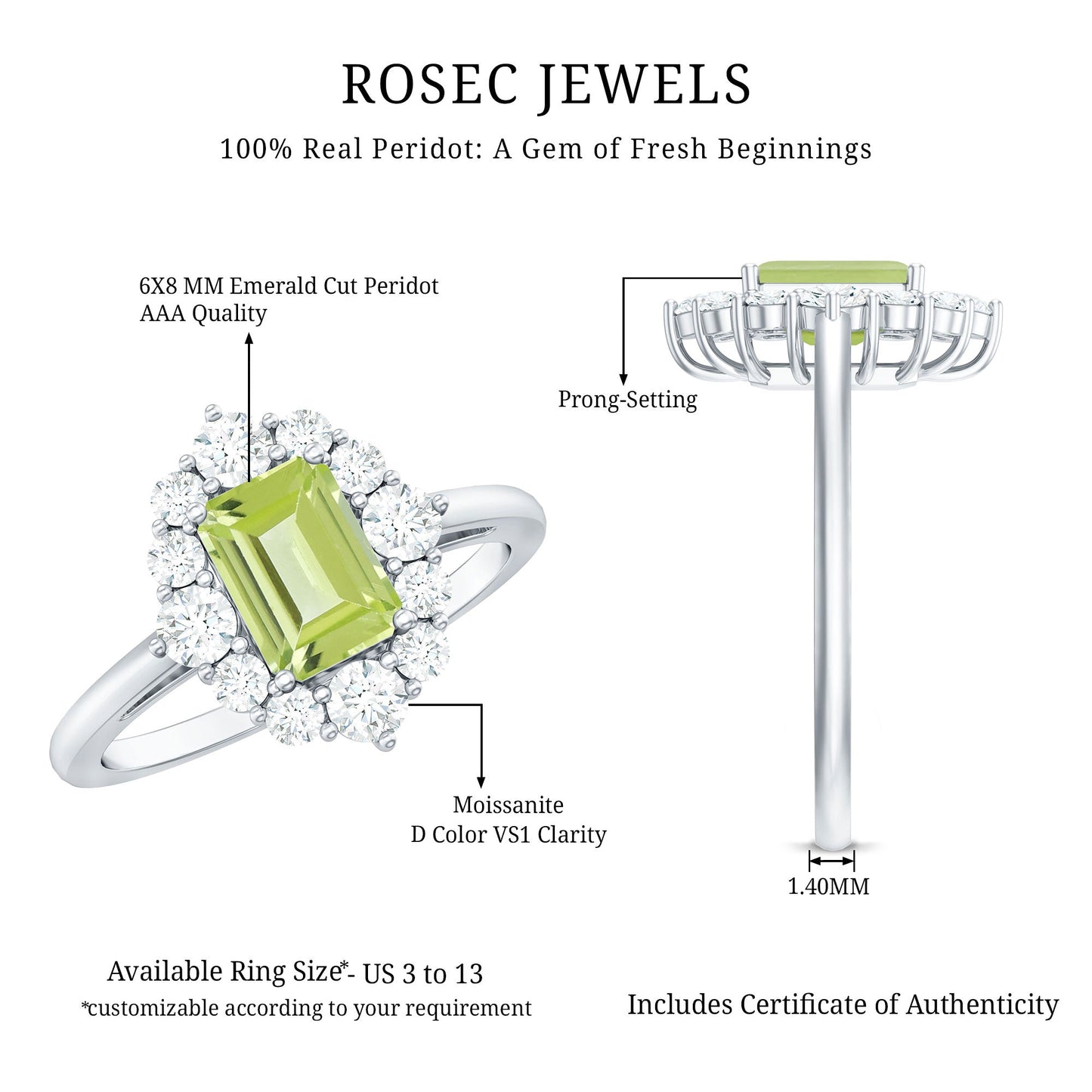 Natural 1.8 Carat Peridot Emerald Cut Engagement Ring with Diamond Halo