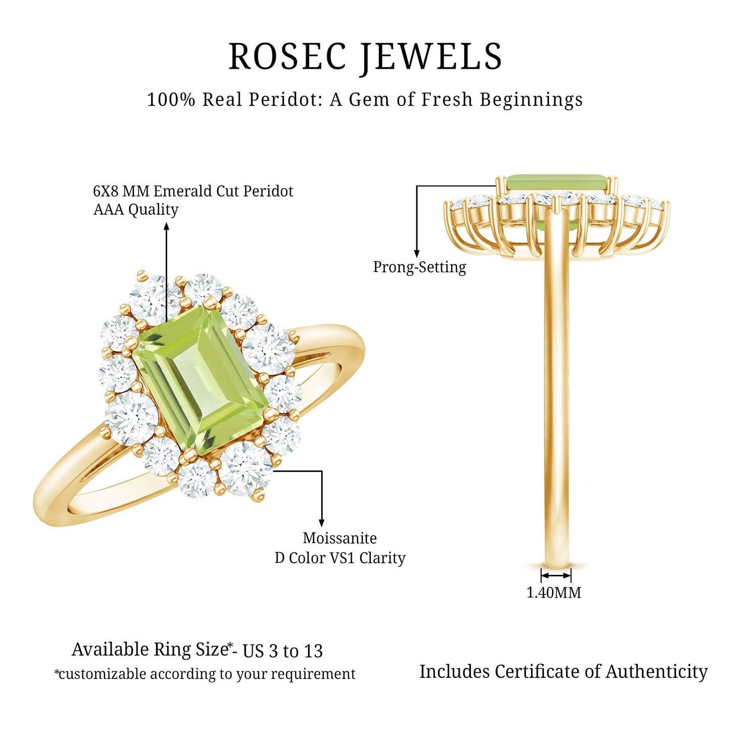 Natural 1.8 Carat Peridot Emerald Cut Engagement Ring with Diamond Halo