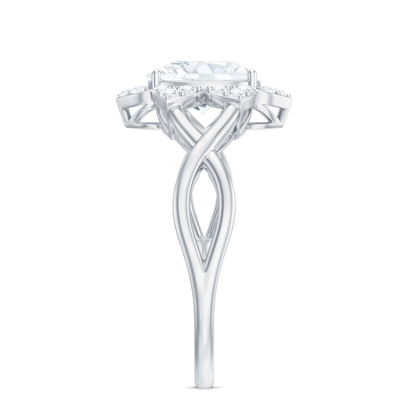 Certified Moissanite Flower Halo Engagement Ring with Criss Cross Band