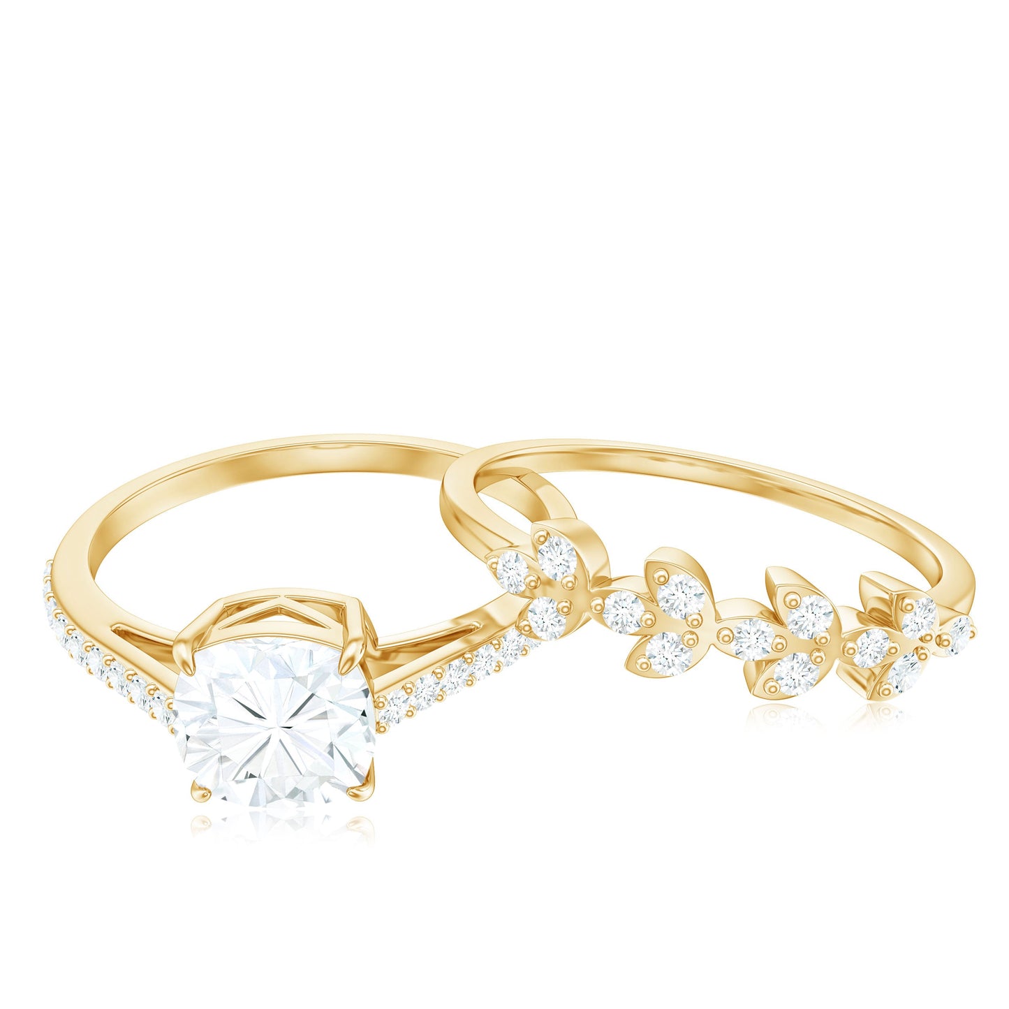 Claw Set Cushion Cut Moissanite Engagement Ring with Leaf Wedding Band