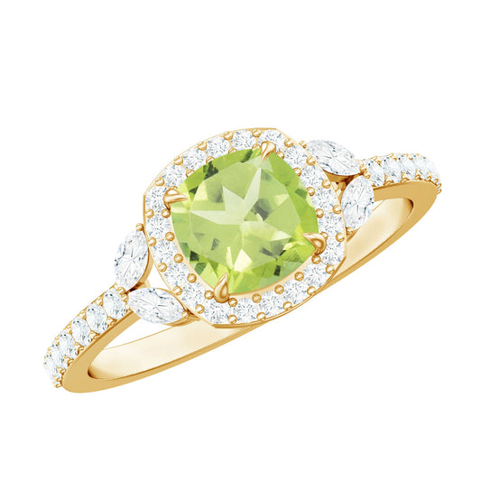 Natural 2 Carat Peridot Cushion Cut Engagement Ring with Diamond Halo