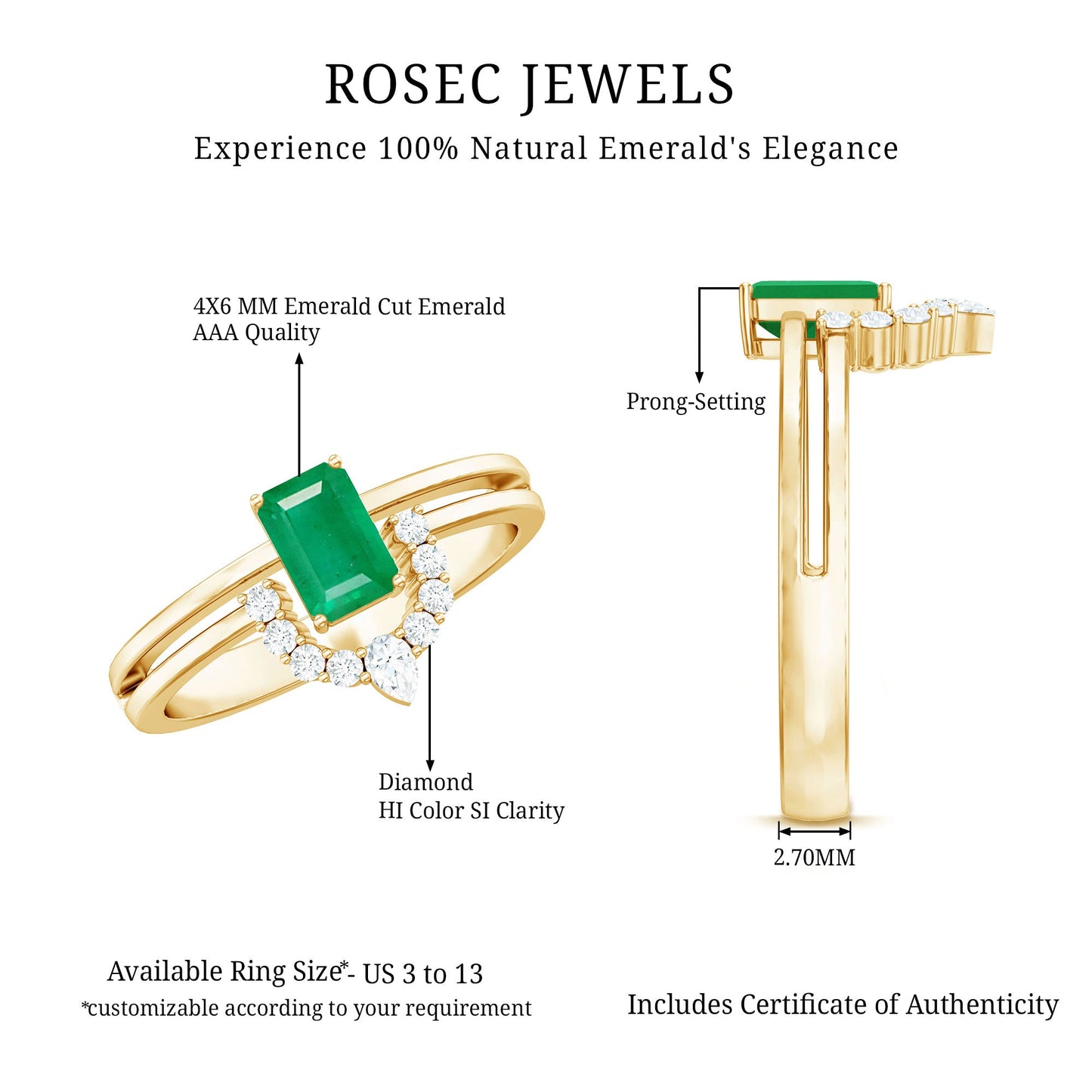 Natural Emerald Cut Emerald Double Band Engagement Ring with Diamond