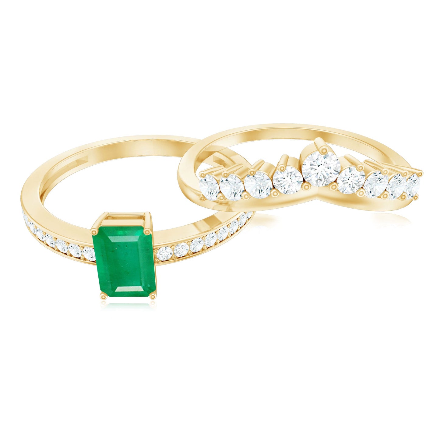 Natural Emerald Diamond Emerald Cut Engagement Ring with Curved Wedding Band