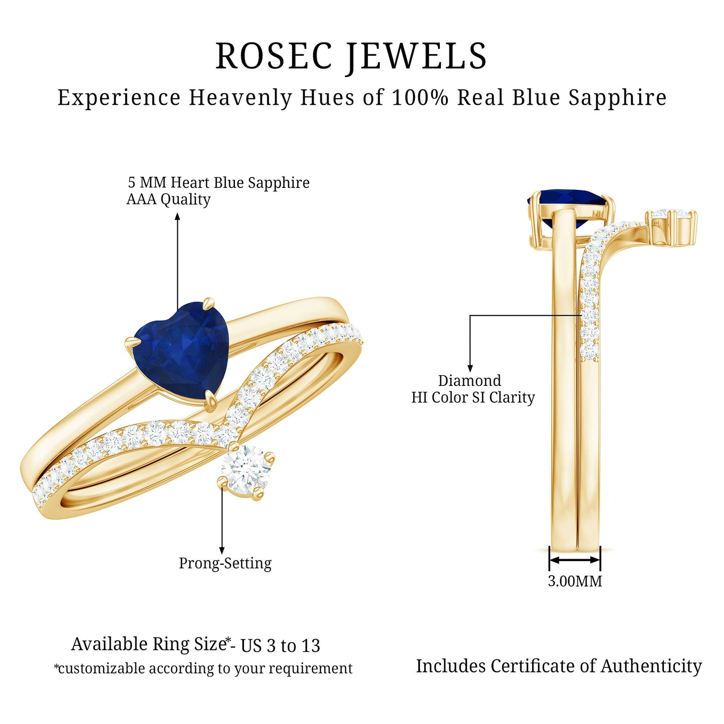 Heart Shape Blue Sapphire Solitaire Wedding Ring Set with Diamond