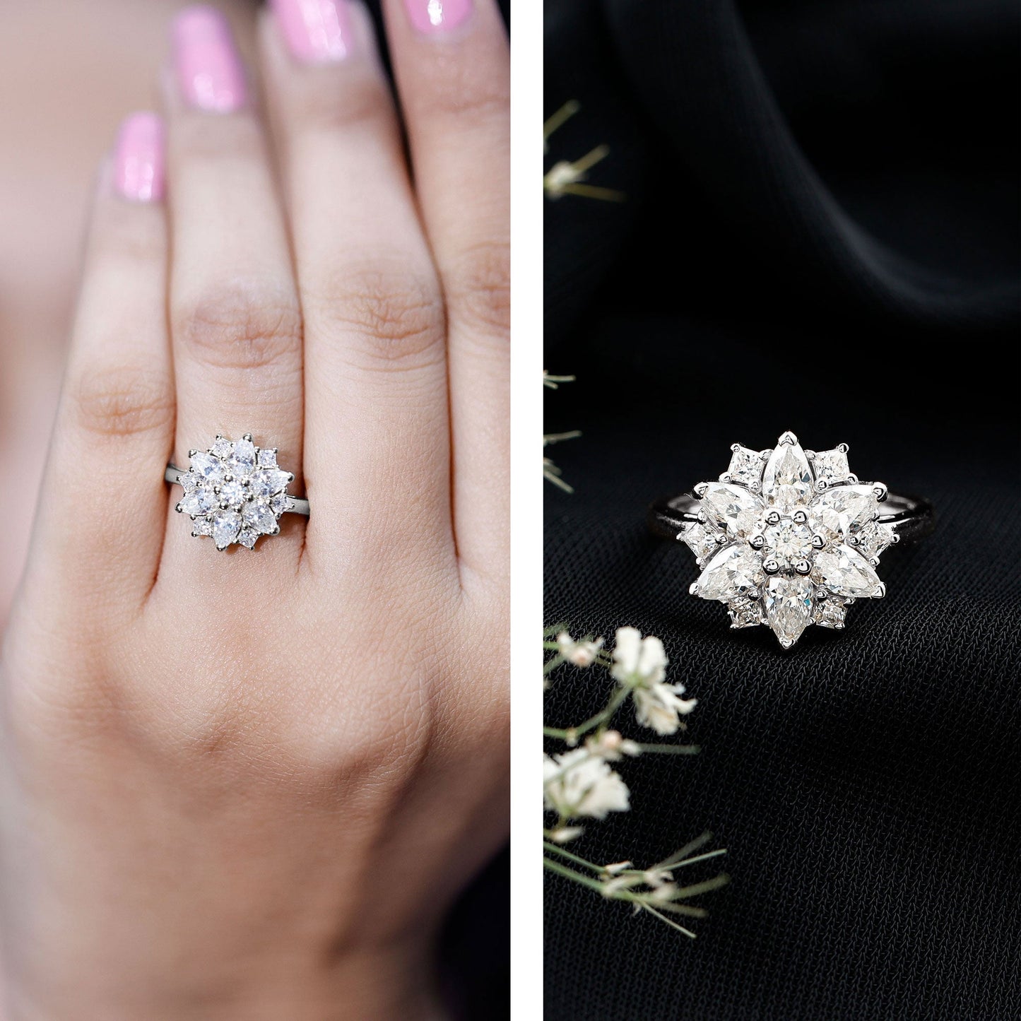Womens Moissanite Flower Engagement Ring with Certificate