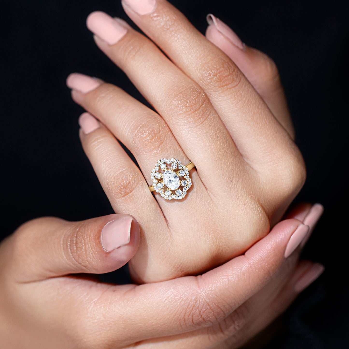 Oval Shaped Moissanite Flower Engagement Ring