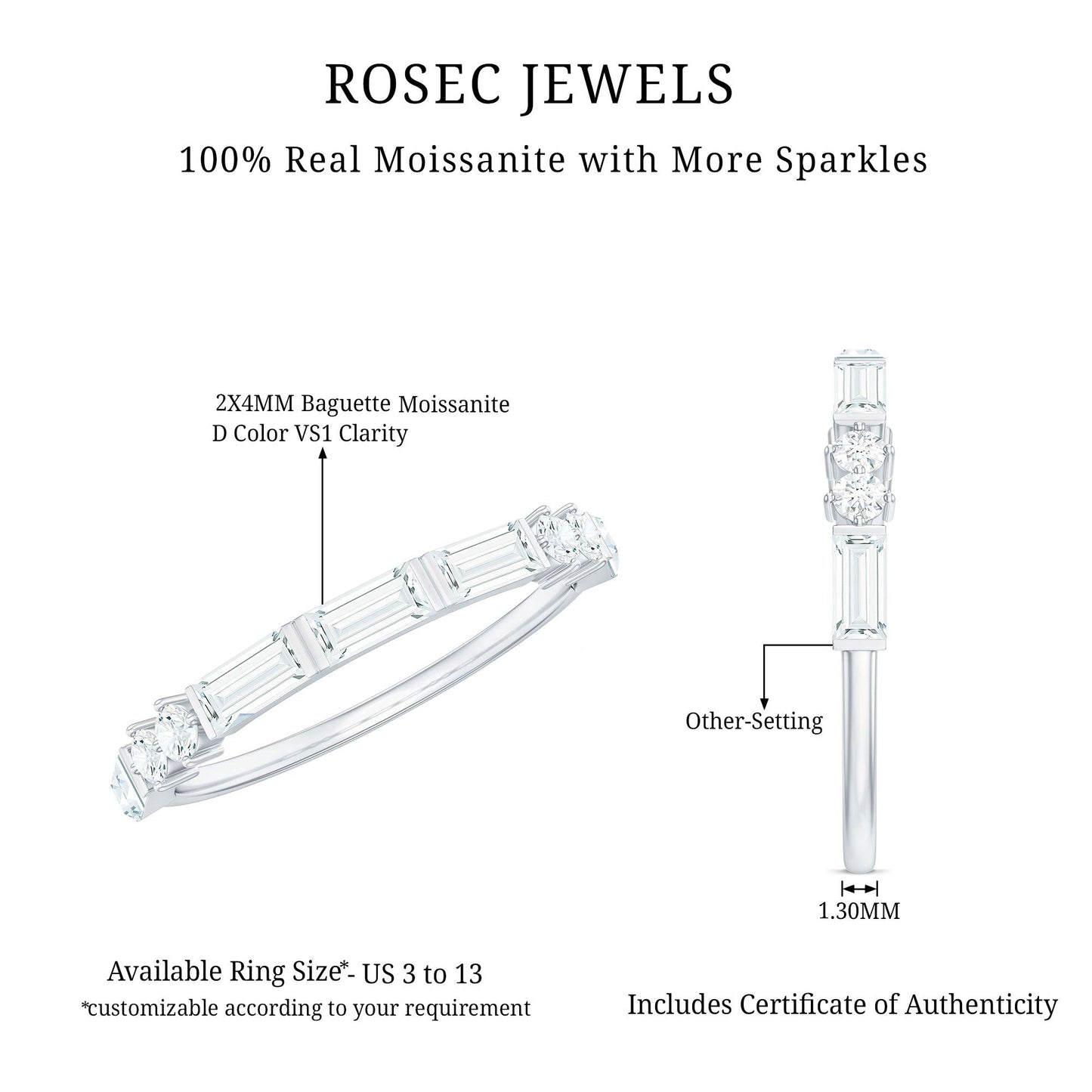 Baguette Cut Moissanite Minimalist Half Eternity Ring