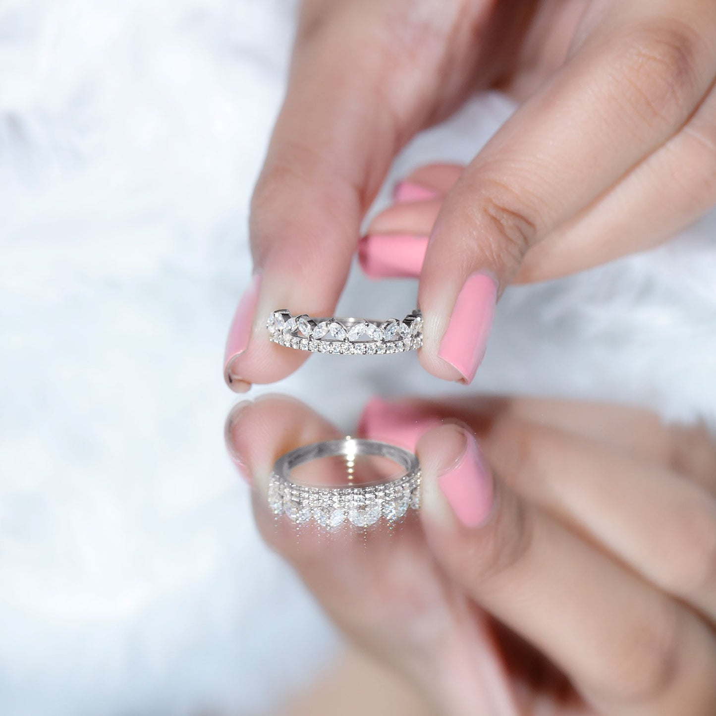 Certified Moissanite Half Eternity Wedding Band in Crown Style