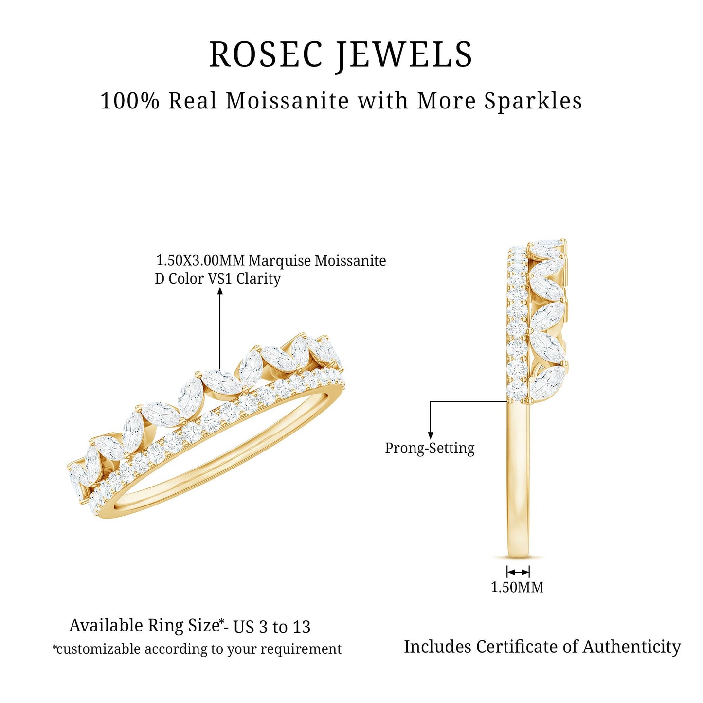Certified Moissanite Half Eternity Wedding Band in Crown Style