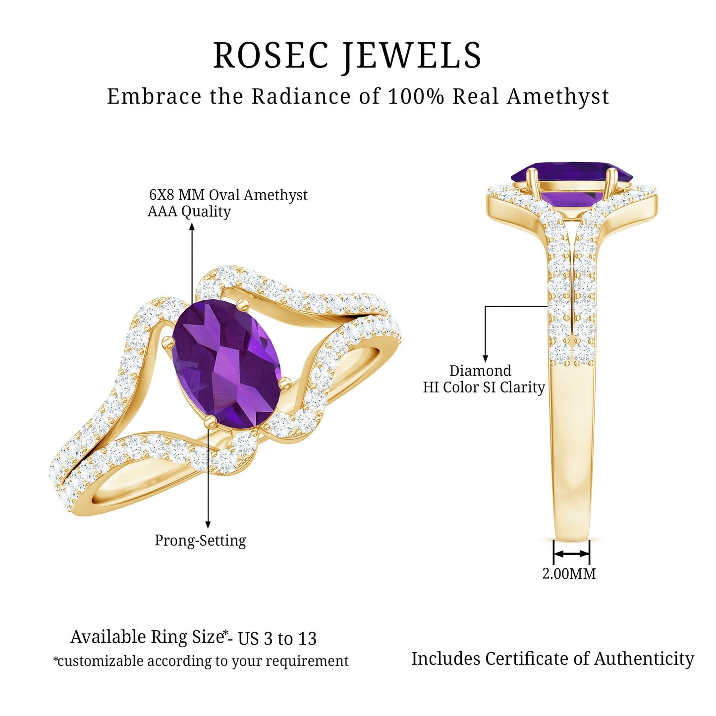 1 Carat Amethyst Oval Engagement Ring with Diamond Split Shank