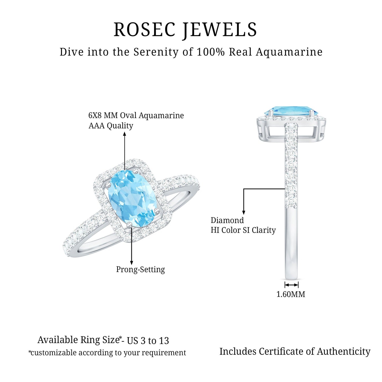 Certified Real Aquamarine Oval Engagement Ring with Diamond Halo