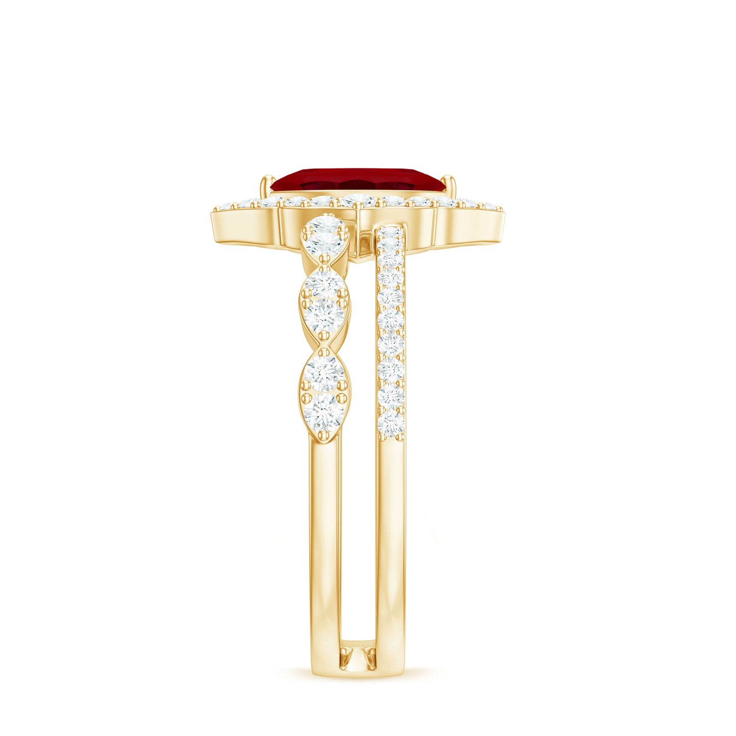 Vintage Inspired Lab Ruby and Diamond Double Band Engagement Ring