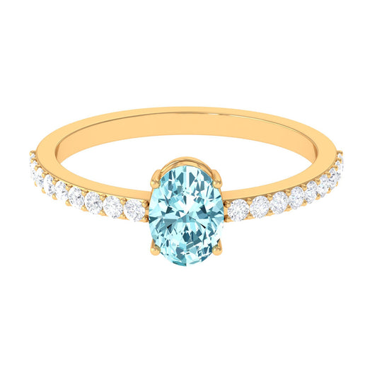 Genuine 1 Carat Solitaire Aquamarine Oval Engagement Ring with Diamond