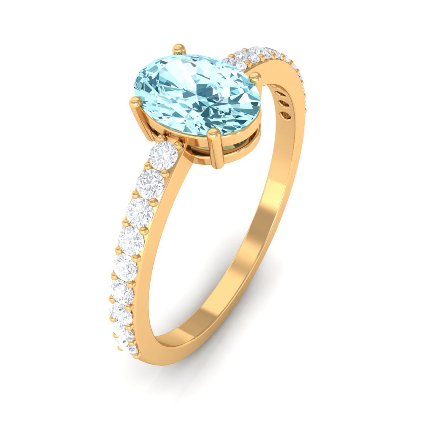 Genuine 1 Carat Solitaire Aquamarine Oval Engagement Ring with Diamond