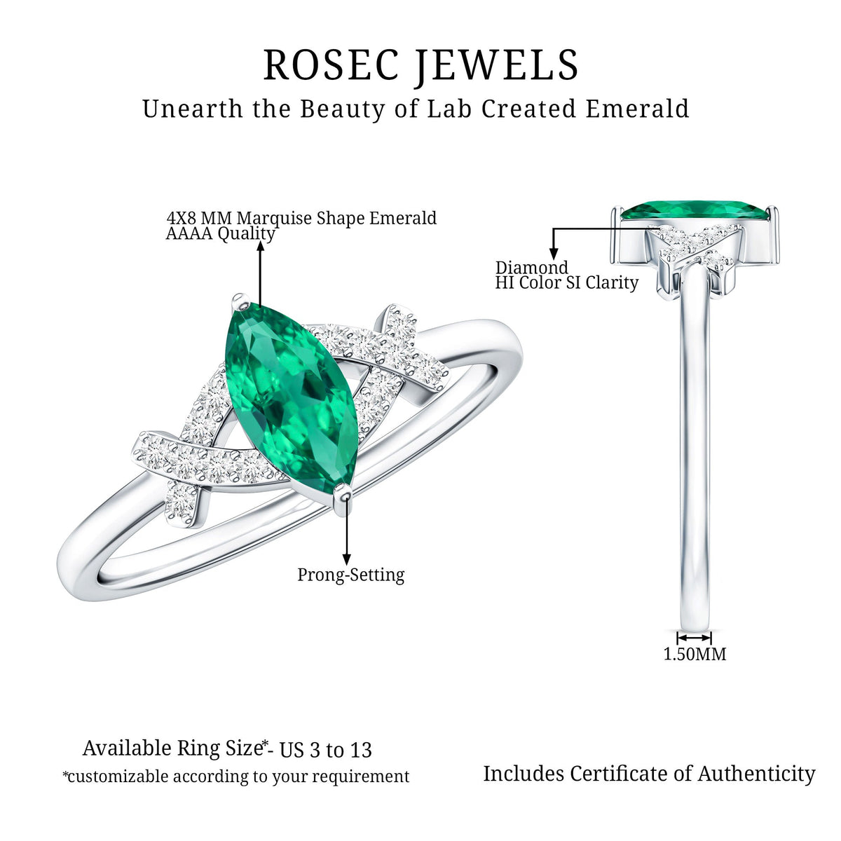 Designer Lab Grown Emerald Marquise Engagement Ring with Diamond
