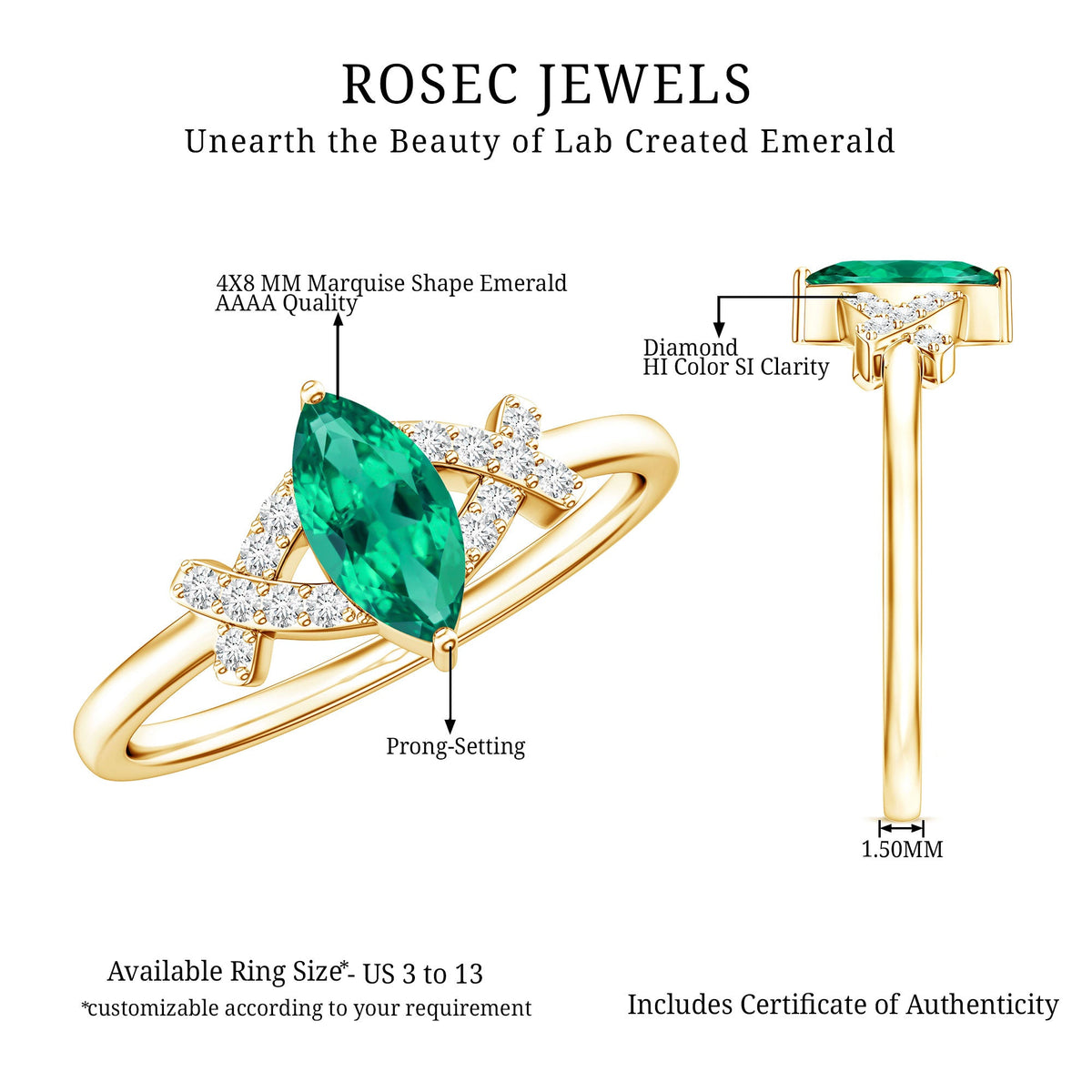 Designer Lab Grown Emerald Marquise Engagement Ring with Diamond