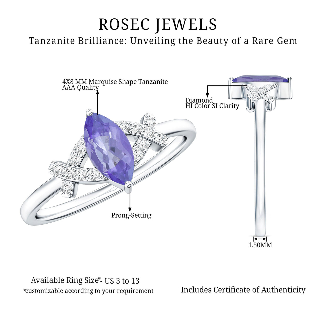 Natural Marquise Tanzanite Diamond Promise Ring for Engagement