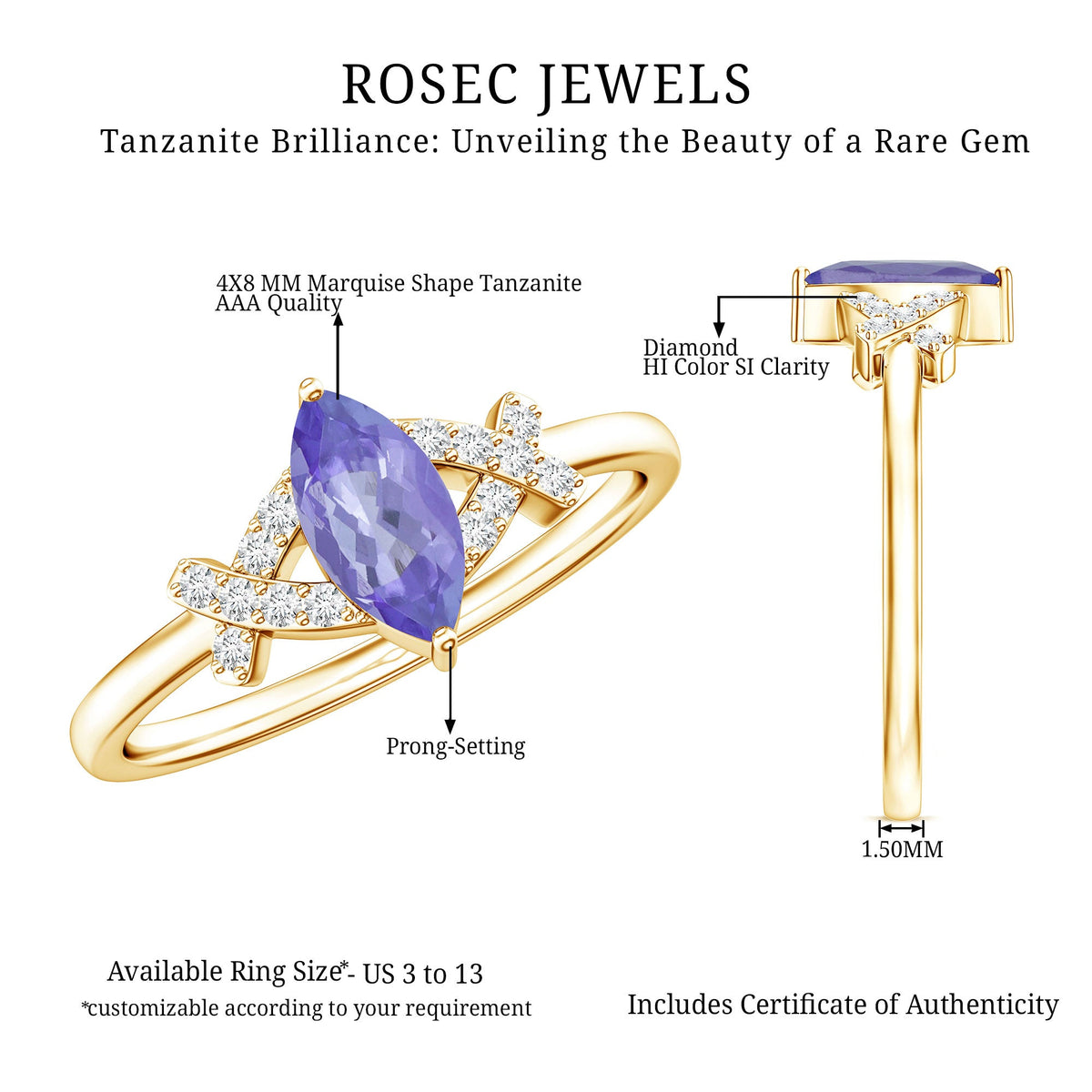 Natural Marquise Tanzanite Diamond Promise Ring for Engagement